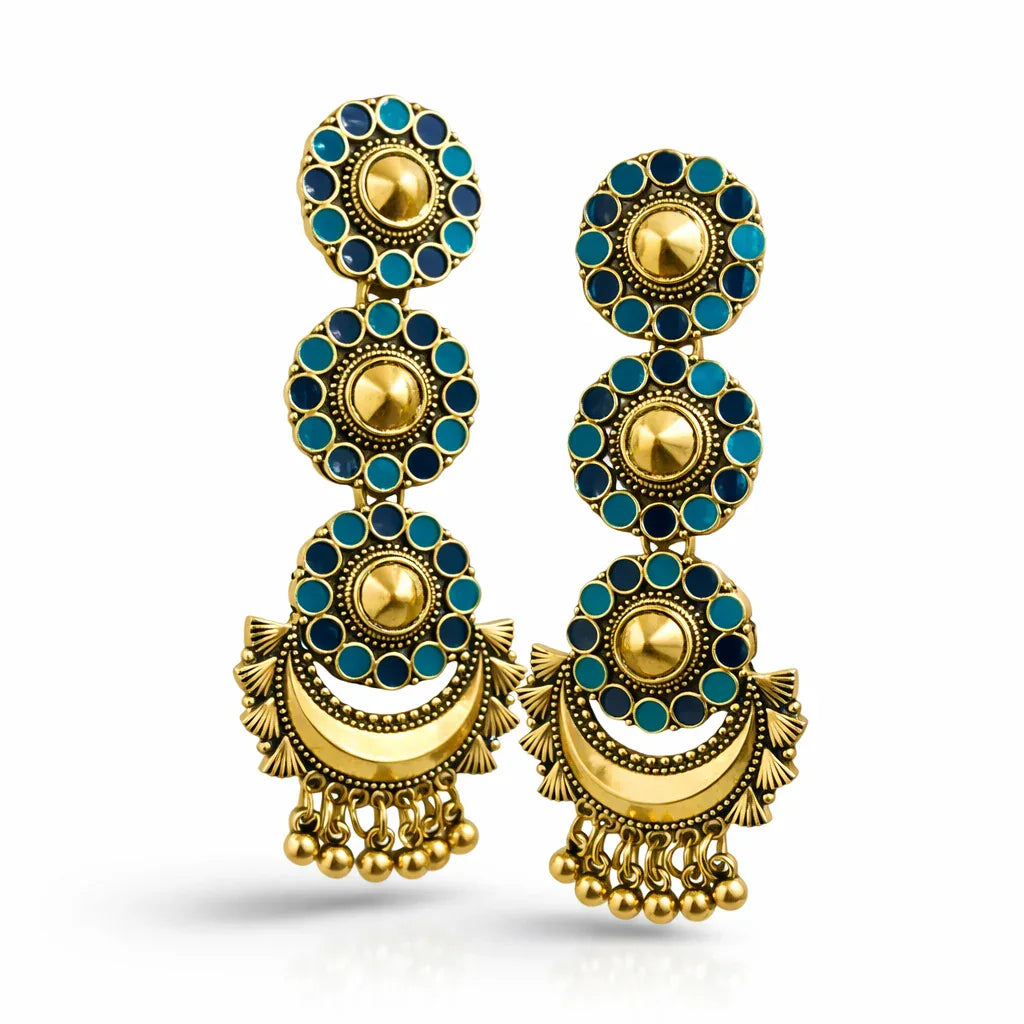 Antique gold-plated long dangler earrings from Jinam featuring intricate design and elegant hanging style.