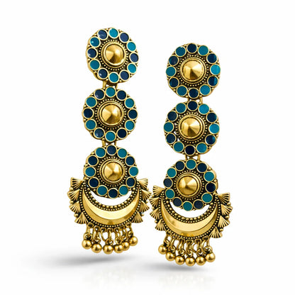 Antique gold-plated long dangler earrings from Jinam featuring intricate design and elegant hanging style.