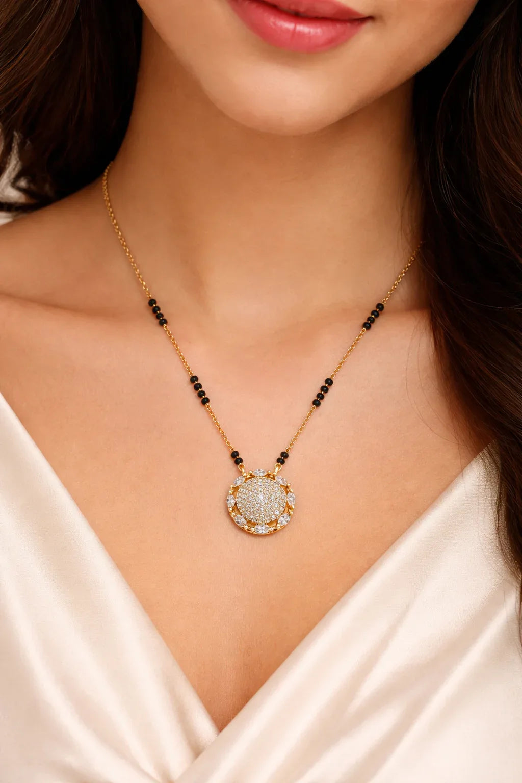 Gold finish Jinam Radiant Round CZ Mangalsutra pendant featuring a circular design with sparkling cubic zirconia stones.
