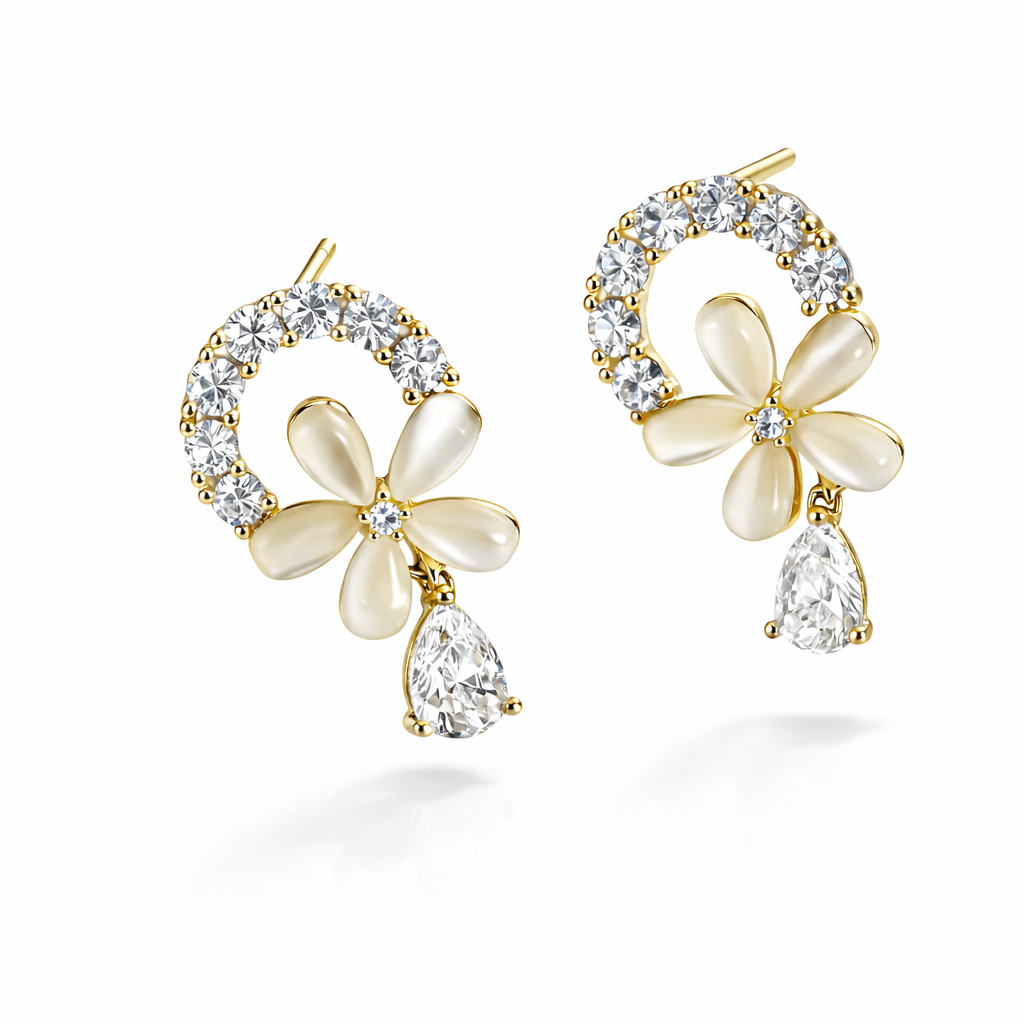 Floral Pearl & Crystal Drop Stud Earrings