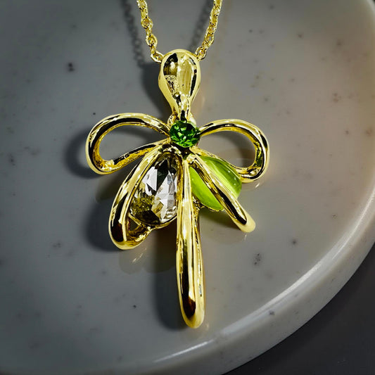 Elegant Green Crystal Bow Pendant with Chain & Matching Earrings