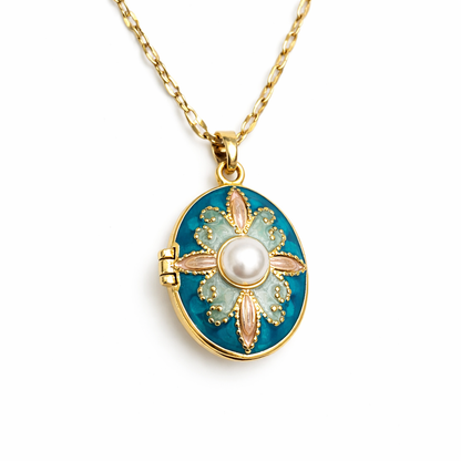 Blue Enamel Pearl Locket Pendant Chain