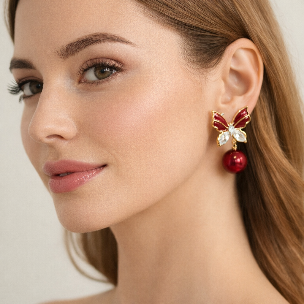 Ruby Butterfly Pearl Drop Earrings with Crystal Accents