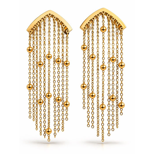 Gold Chain Tassel Fringe Earrings with Ball Drops