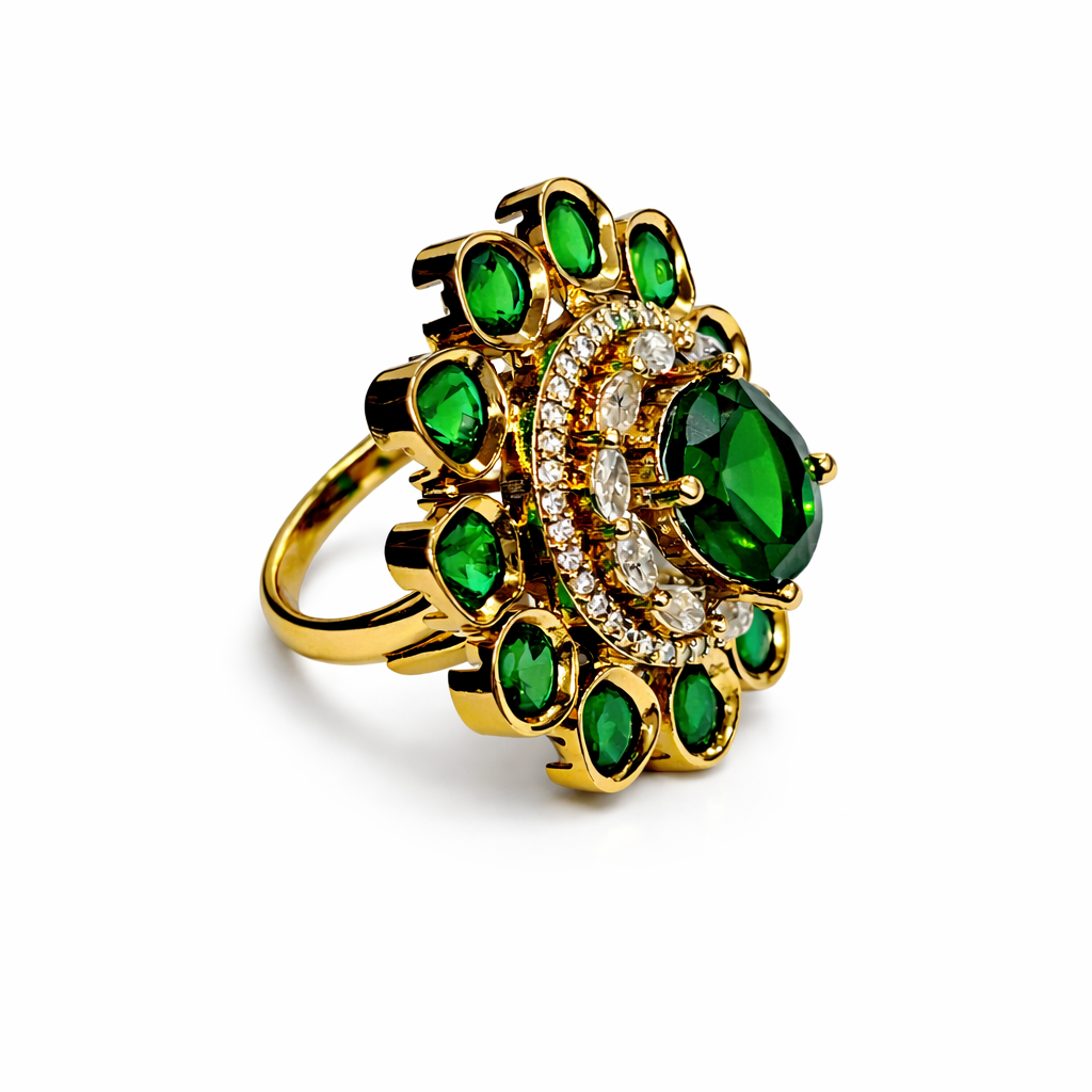 Emerald Blossom Polki Ring in Gold-Tone Finish
