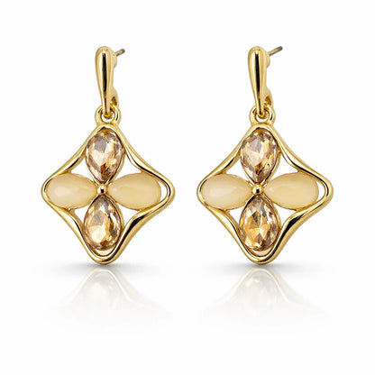 Elegant floral quad-petal pendant and earrings set by Jinam, featuring delicate flower designs with gold-tone metal.
