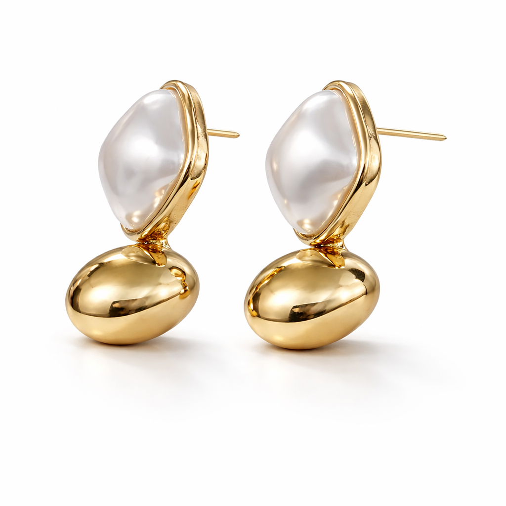 Cushion Pearl & Gold Drop Stud Earrings