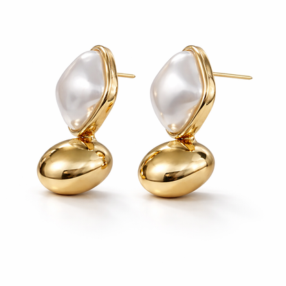 Cushion Pearl & Gold Drop Stud Earrings