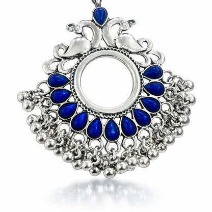 Oxidised silver blue floral earrings with bird motif by Jinam, featuring intricate design and elegant craftsmanship.