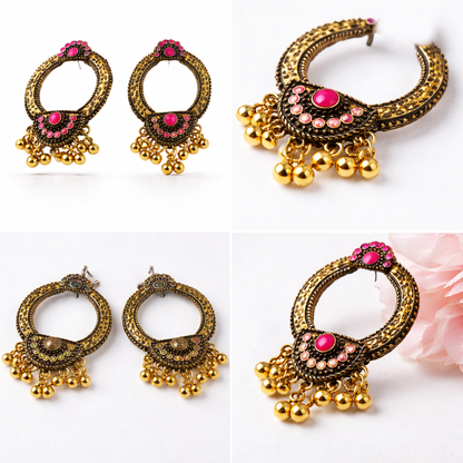 Antique Gold Open Hoop Earrings with Pink Stones & Ghungroo Drops