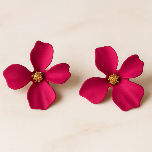 Fuchsia Matte Floral Statement Earrings