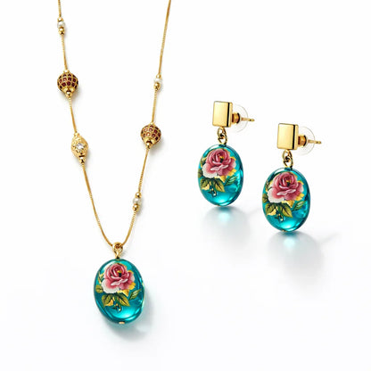 Turquoise Rose Semi-Precious Stone Pendant Necklace Set with Earrings