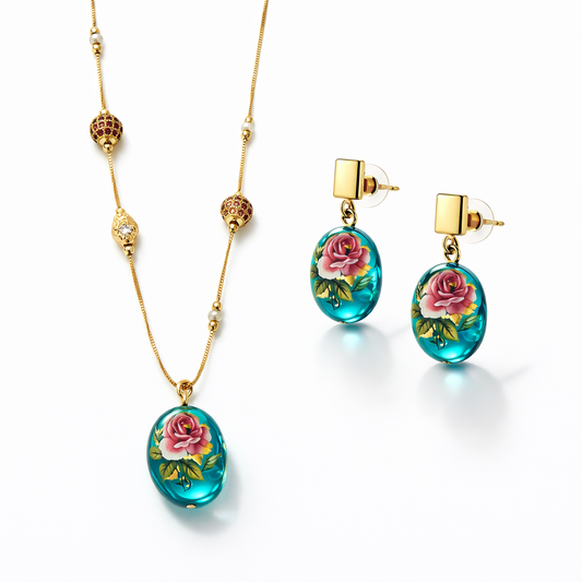 Turquoise Rose Semi-Precious Stone Pendant Necklace Set with Earrings