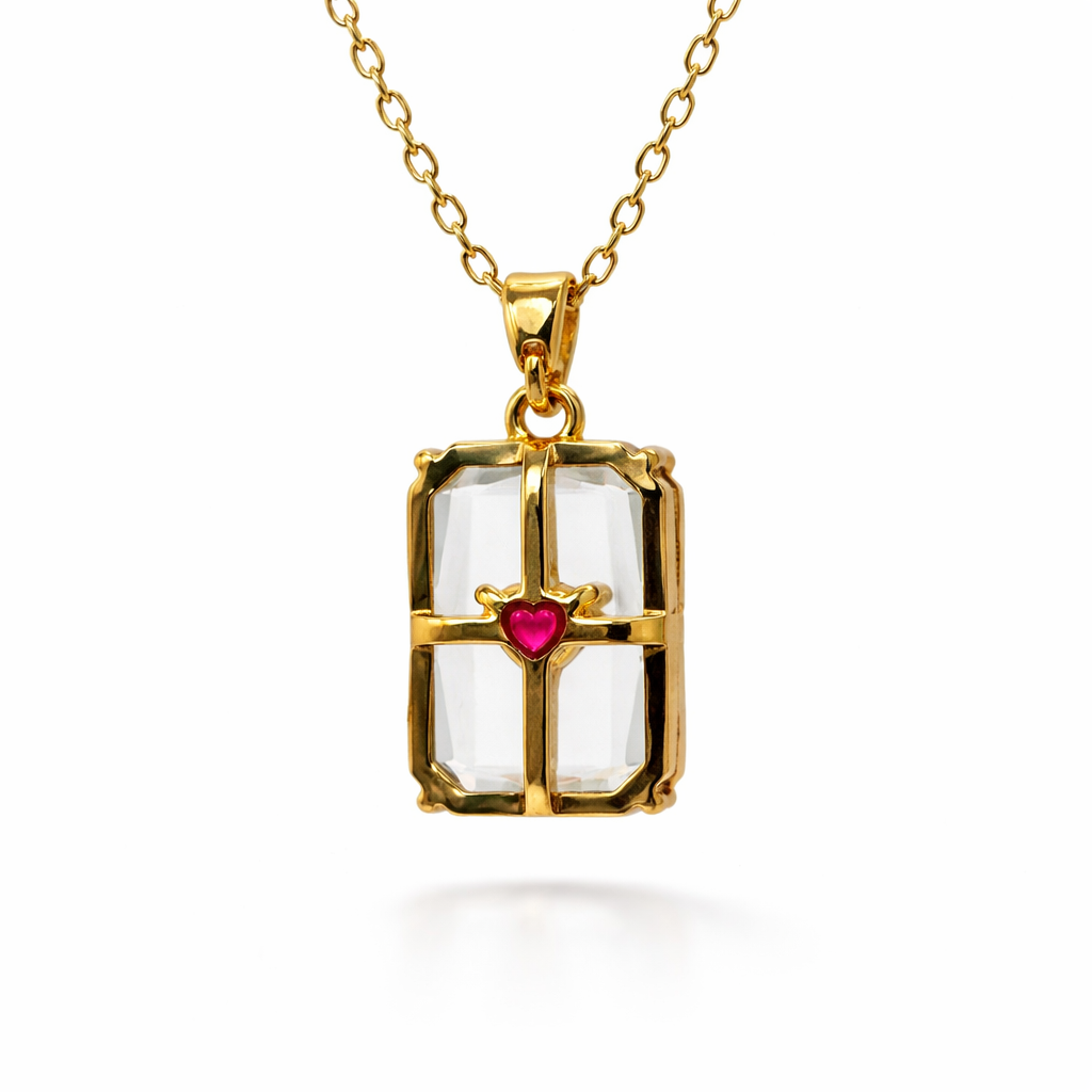 Crystal Cube Chain Pendant with Ruby Heart