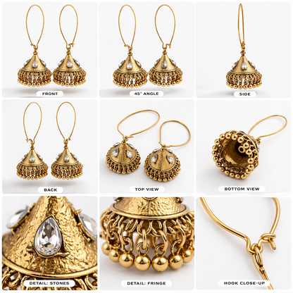 Antique Gold Jhumka Hoop Earrings with Kundan Stones & Ghungroo Drops