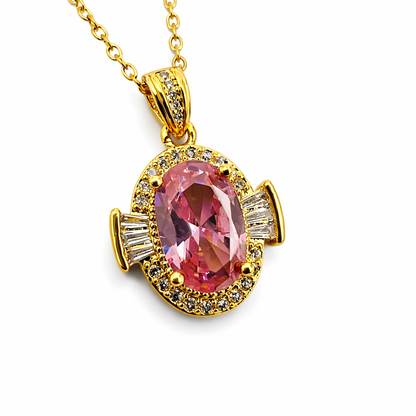Blush Pink Oval Crystal Halo Chain Pendant