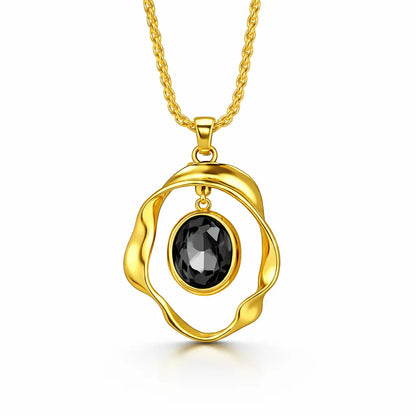 Jinam black crystal pendant necklace set with gold plating, featuring a sleek, anti-tarnish design and elegant pendant display.