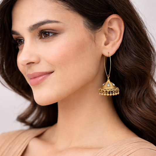 Antique Gold Jhumka Hoop Earrings with Kundan Stones & Ghungroo Drops