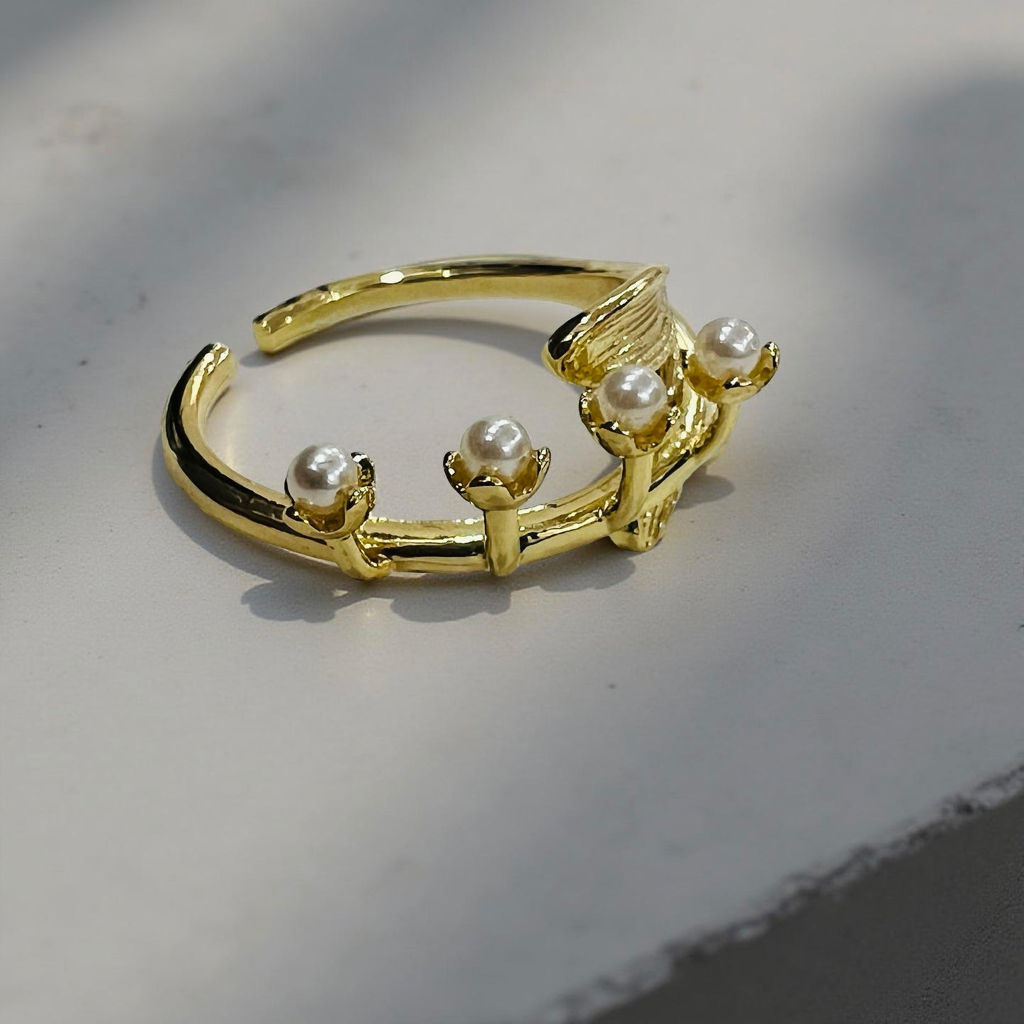 Golden Bloom Pearl Branch Adjustable Ring