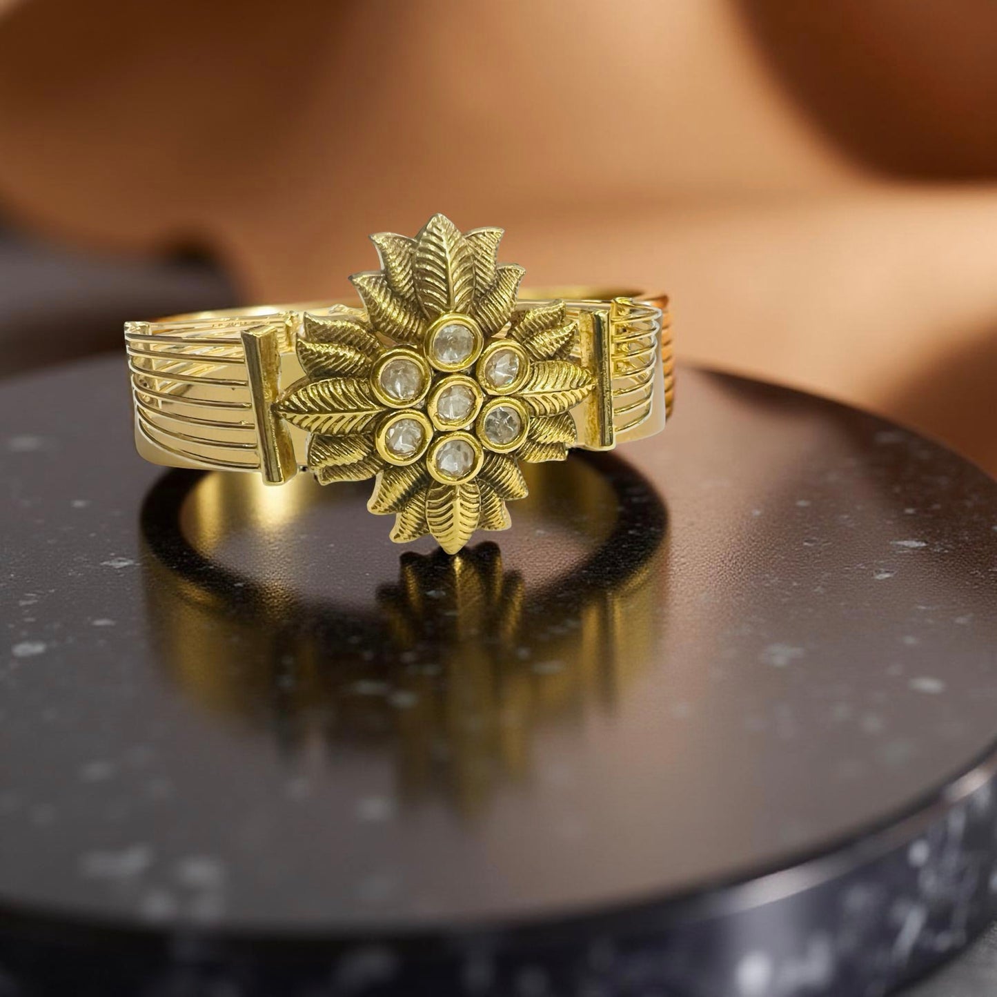 Floral Kundan Statement Bracelet in Antique Gold Finish