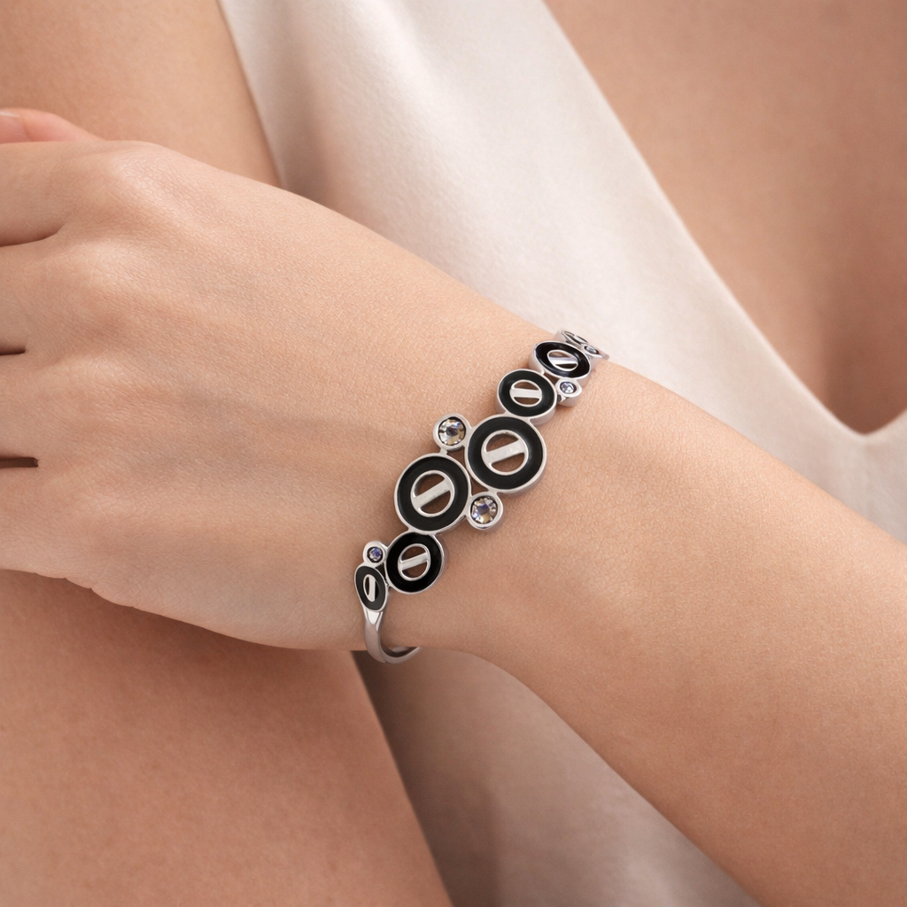 Eclipse Noir Silver Bracelet – Modern Black Enamel & Crystal Designer Cuff
