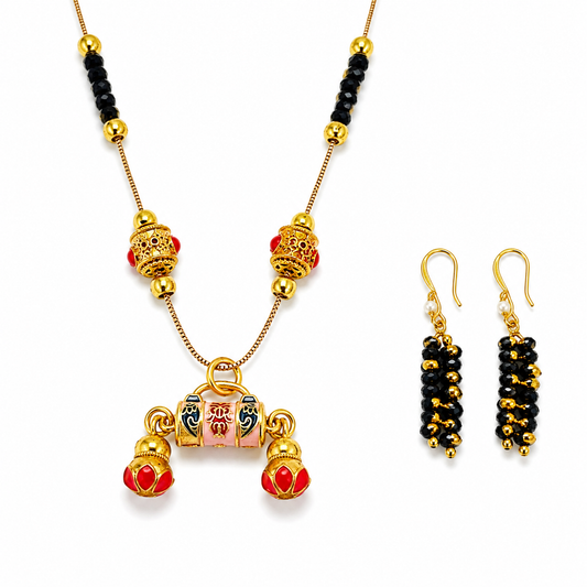 Meenakari Ghungroo Pendant Mangalsutra Set front view on white with black crystal beads