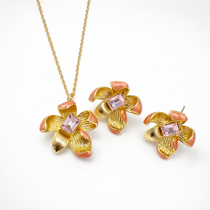 Designer Gold Finish Flower Pendant & Stud Earrings Set