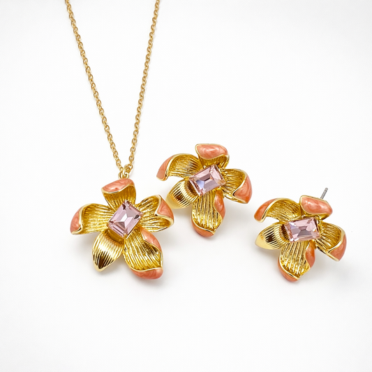 Designer Gold Finish Flower Pendant & Stud Earrings Set