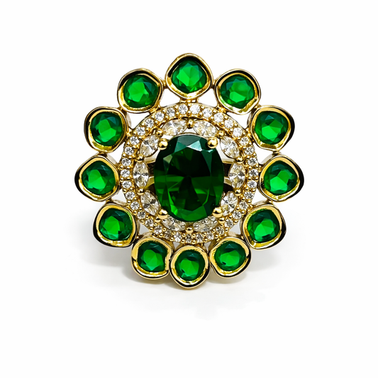 Emerald Blossom Polki Ring in Gold-Tone Finish