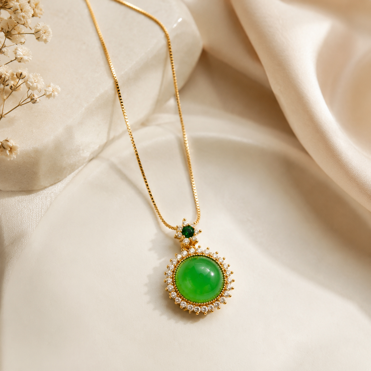Green Jade Pendant Necklace on silk fabric with flowers