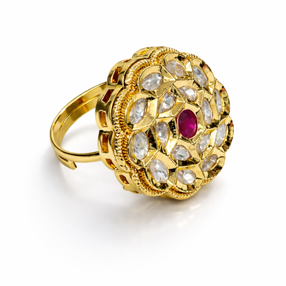 Royal Ruby Polki Floral Ring in Antique Gold Finish