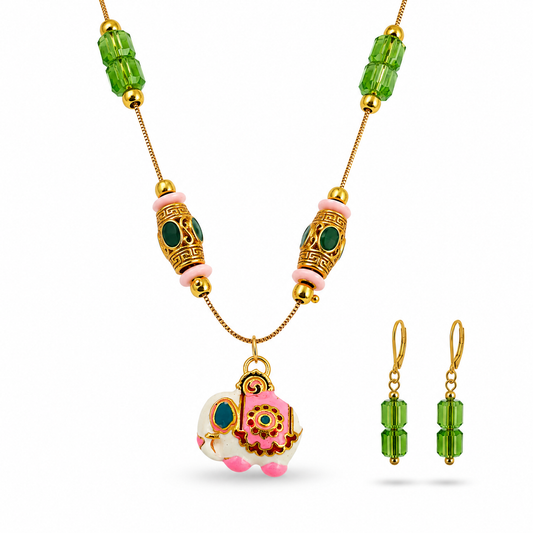Meenakari Elephant Pendant Jewellery Set front view on white