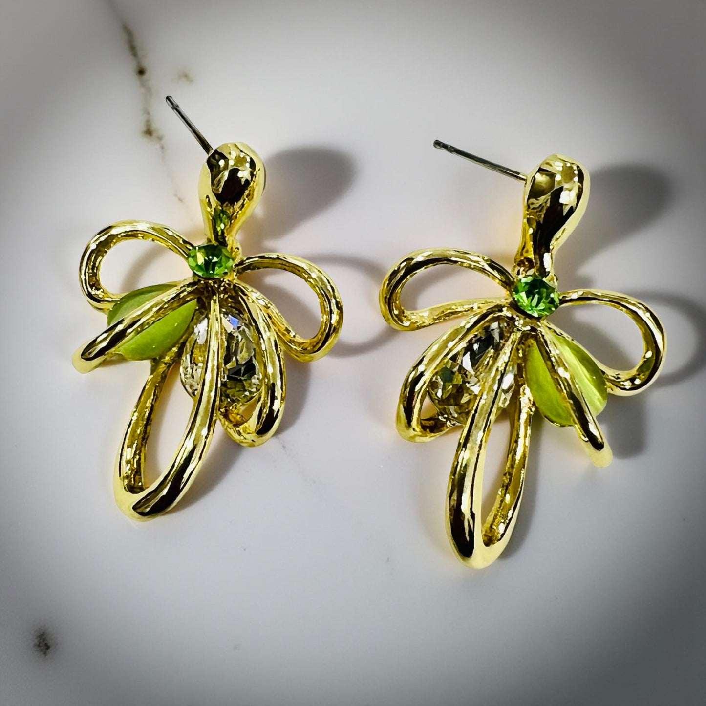 Elegant Green Crystal Bow Pendant with Chain & Matching Earrings