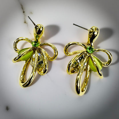 Elegant Green Crystal Bow Pendant with Chain & Matching Earrings
