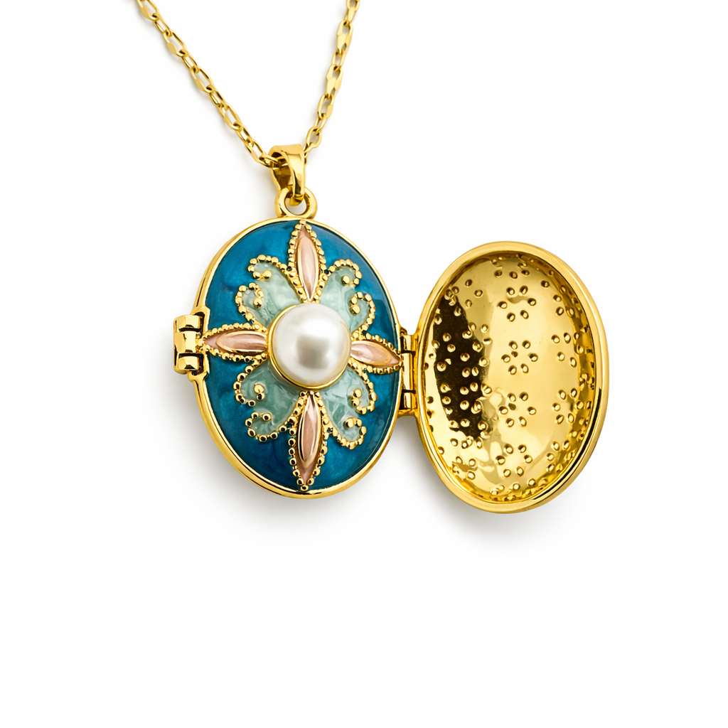 Blue Enamel Pearl Locket Pendant Chain
