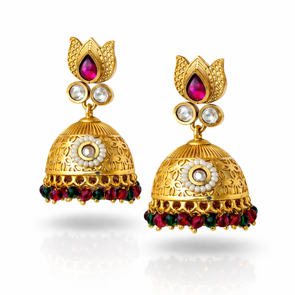 Jinam antitarnish temple Kundan imitation necklace set with matching jhumka earrings, traditional Indian jewelry for festive occasions.