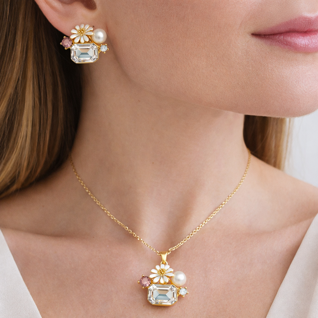 Jinam floral crystal cluster pendant and earrings set featuring white enamel daisies, elegant jewelry for special occasions