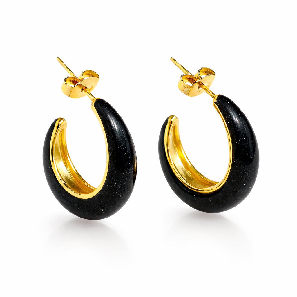 Jinam black enamel chunky hoop earrings with bold circular design, glossy finish, and large statement style.