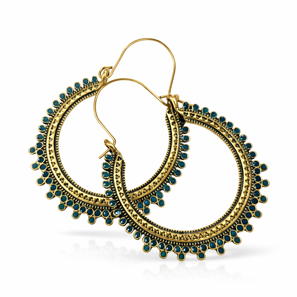 Antique gold-plated hoop earrings with black stone accents by Jinam, showcasing intricate design and elegant craftsmanship.
