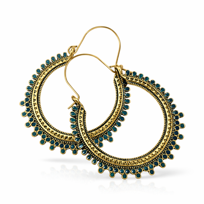 Antique gold-plated hoop earrings with black stone accents by Jinam, showcasing intricate design and elegant craftsmanship.