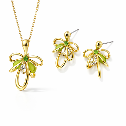 Elegant green crystal bow pendant set with matching earrings and chain by Jinam, featuring sparkling crystal details and a stylish design.