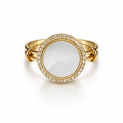 Lustrous Pearl Halo Ring in Gold-Tone Finish