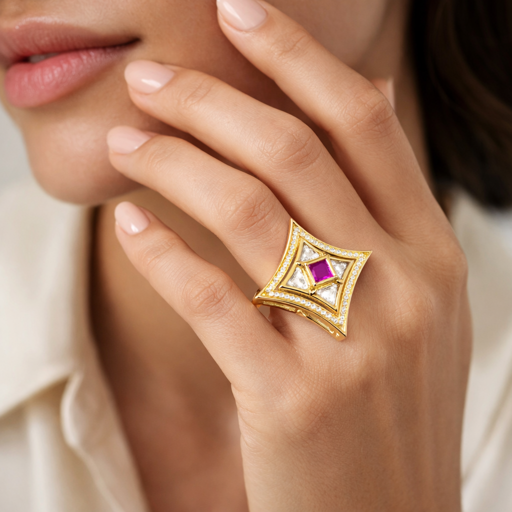 Regal Ruby Square Kundan Ring in Gold-Tone Finish