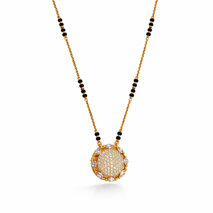 Gold finish Radiant Round CZ Mangalsutra Pendant by Jinam, featuring a circular design with sparkling cubic zirconia stones.