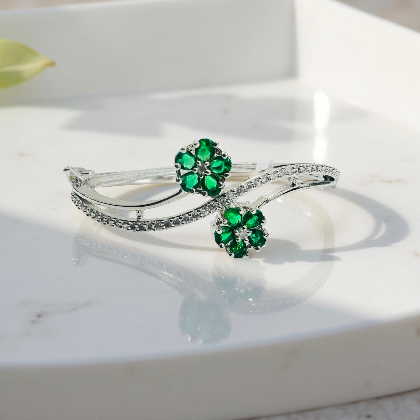 Silver-Plated Emerald Floral Bracelet