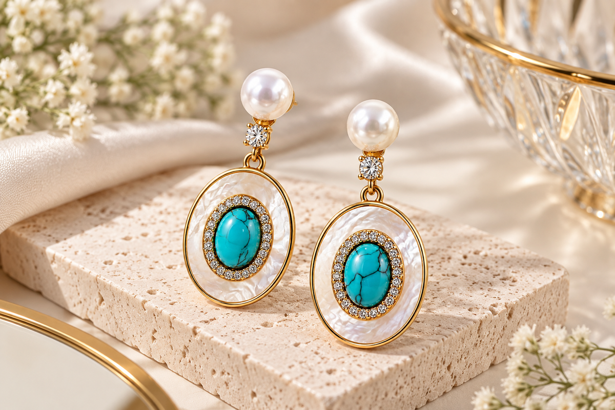 Golden Turquoise Oval Drop Earrings