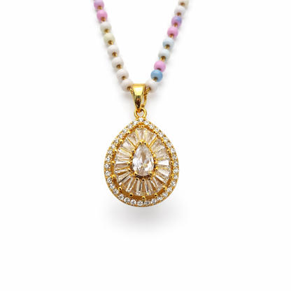 Pastel Beaded Teardrop Crystal Halo Pendant
