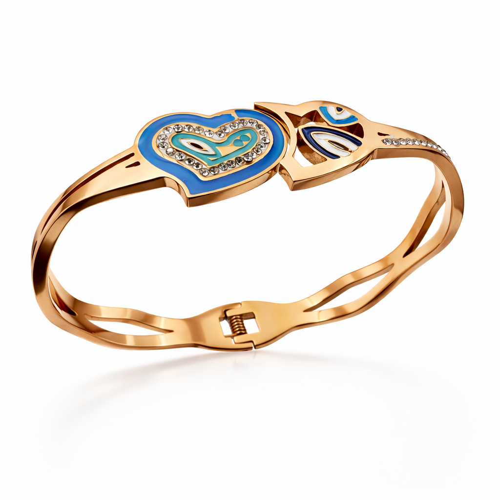 Rose Gold Heart & Paisley Enamel Bracelet with Crystal Accents