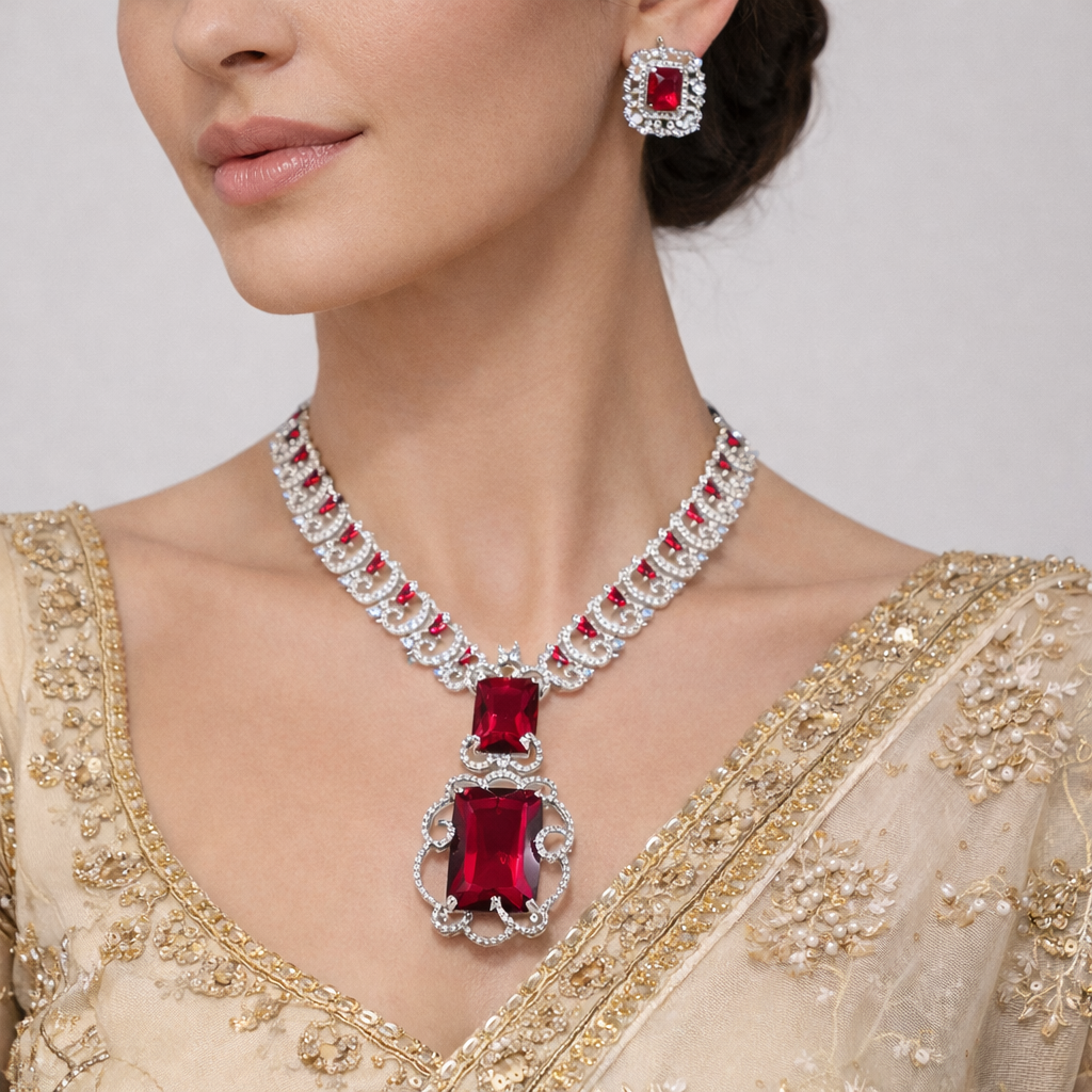 Regal Ruby Silver Royale Necklace Set