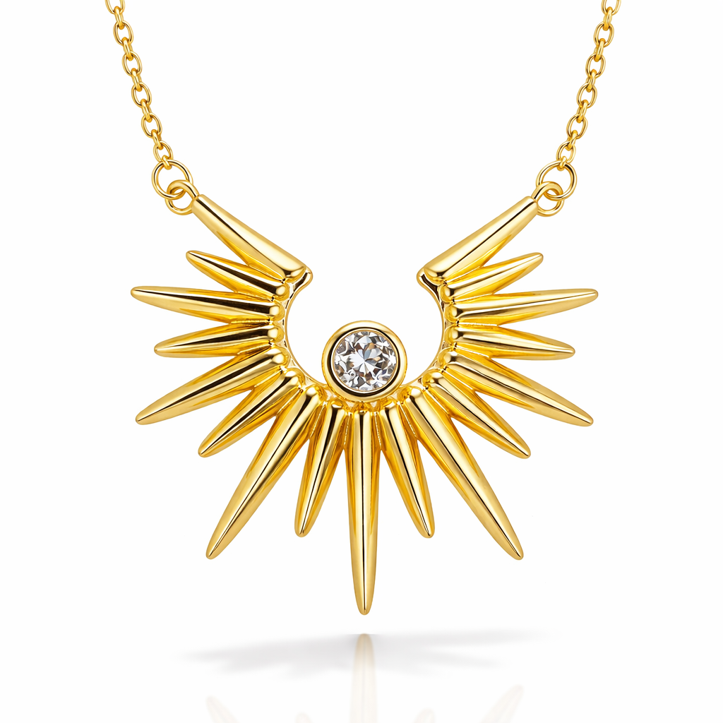 Gold Sunburst Pendant Necklace with Crystal